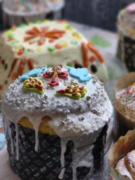 Colorfully decorated Easter cake close-up festive composition Stock Photos