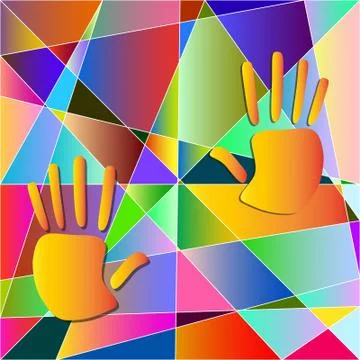 Colorfully painted abstract triangles with hands Stock Illustration