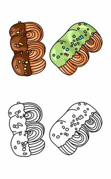 Coloring biscuit with different types of glaze. Sweet food coloring page  Stock Illustration