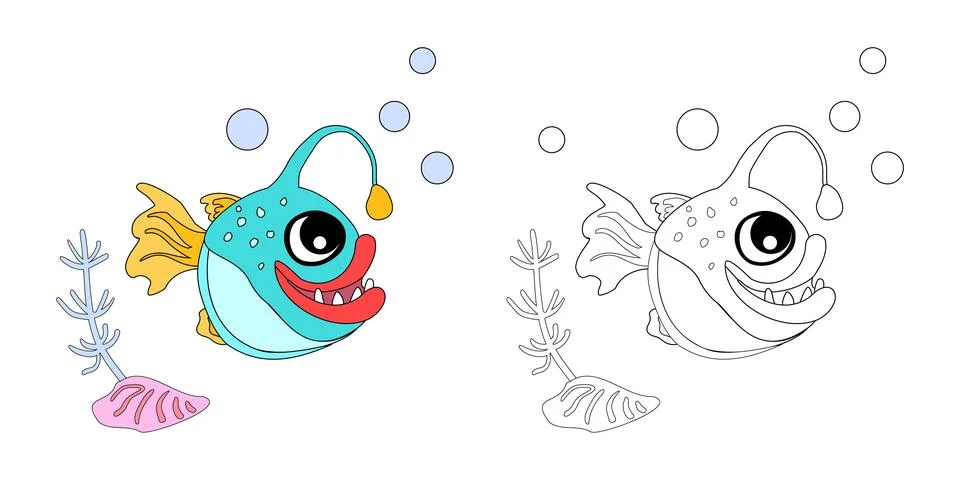 Coloring book Angler fish with shells, bubbles and algae in the ocean. For .. Stock Illustration