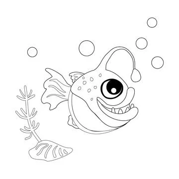 Coloring book Angler fish with shells, bubbles and algae in the ocean. For .. Stock Illustration