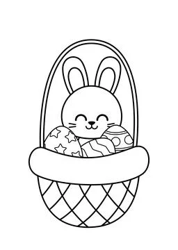 Coloring book with basket, Easter eggs and bunny. Black and white basket. Vector Stock Illustration
