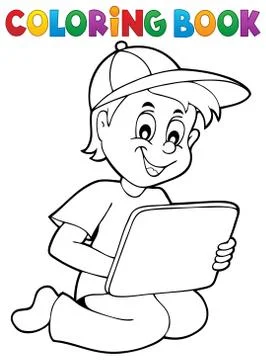 Coloring book boy playing with tablet - eps10 vector illustration. Stock Illustration