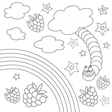Coloring book with cartoon raspberry worm Stock Illustration