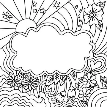 Coloring book cloud frame. Sun, rainbow, stars and flowers sketch vector Stock Illustration