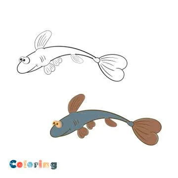 Coloring book with color example blue fish - vector illustration. Stock Illustration