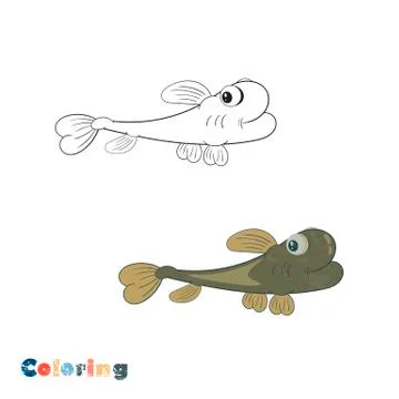 Coloring book with color example green fish - vector illustration. Stock Illustration