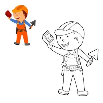 Coloring book. color in the pattern of a cute child in a helmet building a .. Stock Illustration