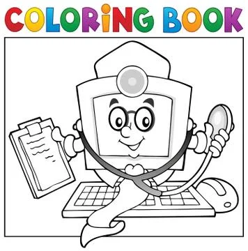 Coloring book computer doctor theme - eps10 vector illustration. Stock Illustration