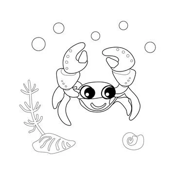 Coloring book Crab with shells, bubbles and algae in the ocean. For posters.. Illustrazione stock
