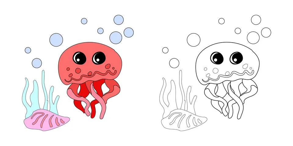 Coloring book Cute octopus with shells, bubbles and algae in the ocean. Stock Illustration