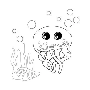 Coloring book Cute octopus with shells, bubbles and algae in the ocean. For.. Stock Illustration