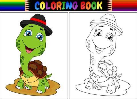 Coloring book with cute turtle wearing cap Stock Illustration