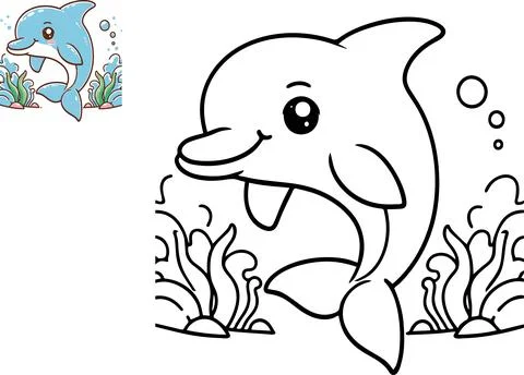 Coloring book with dolphin, vector illustration. Stock Illustration