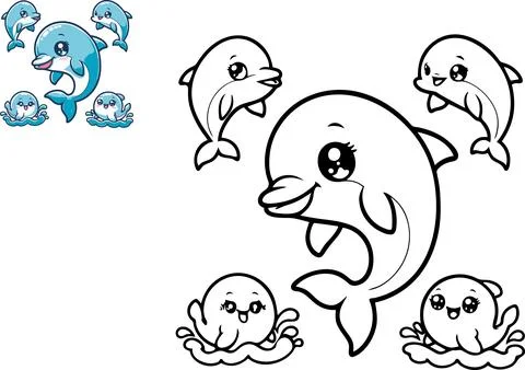 Coloring book with dolphin, vector illustration. Stock Illustration