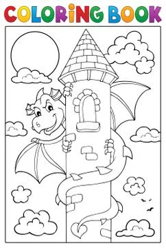 Coloring book dragon on tower image Stock Illustration