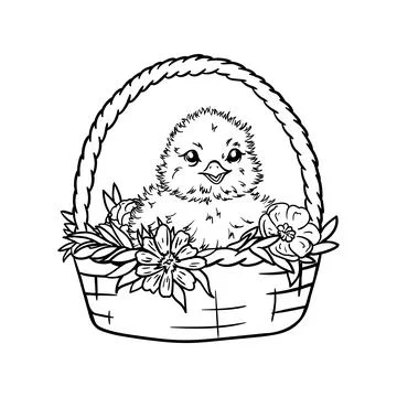 Coloring book with Easter basket, chicken, flower Stock Illustration