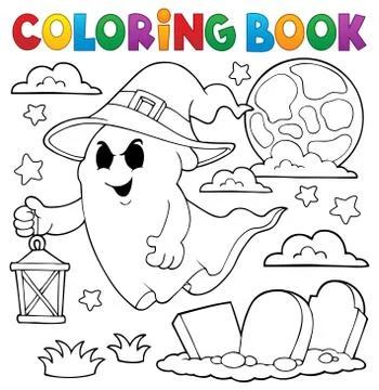 Coloring book ghost with hat and lantern Illustrazione stock