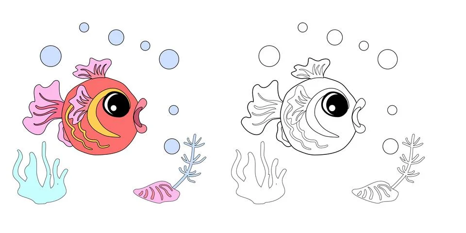 Coloring book Goldfish with shells, bubbles and algae in the ocean. For pos.. 스톡 일러스트