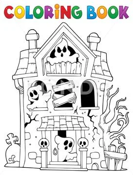 Coloring book haunted house with ghosts Stock Illustration