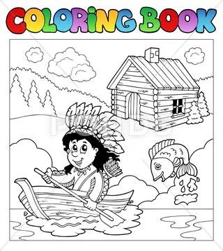 Coloring book with Indian in boat Stock Illustration