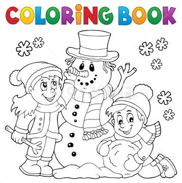 Coloring book kids building snowman Stock Illustration
