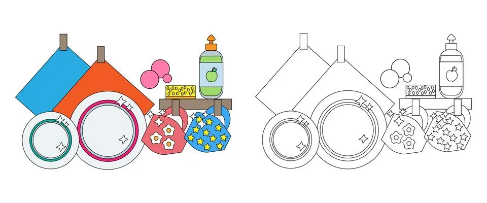 Coloring book kitchen corner with clean dishes Stock Illustration