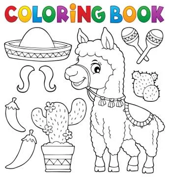 Coloring book llama and objects set 库存插图