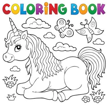 Coloring book lying unicorn theme Stock Illustration