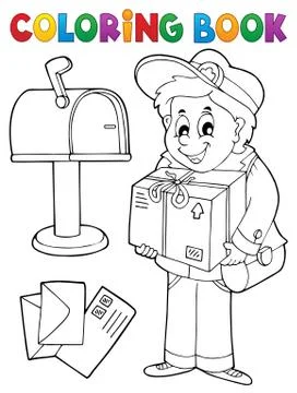 Coloring book mailman delivering box Stock Illustration