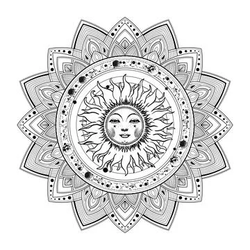 Coloring book mandala with sun, linear drawing for adults, meditation and c.. Stock Illustration