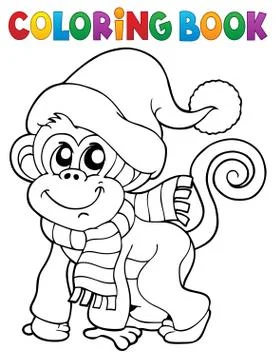 Coloring book monkey in winter clothes Stock Illustration