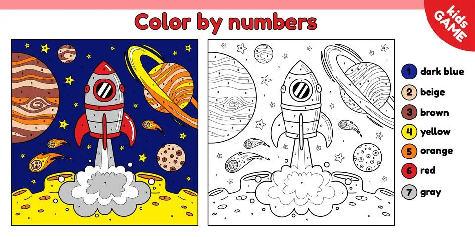 Coloring book by numbers with space rocket launch Stock Illustration