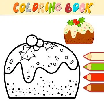 Coloring book or Coloring page for kids. Christmas Cake black and white vecto Stock Illustration