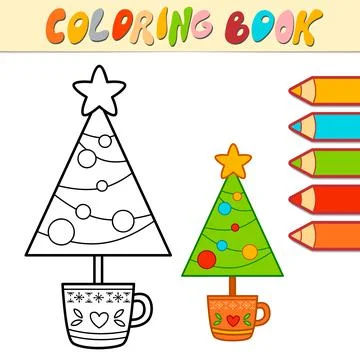 Coloring book or Coloring page for kids. Christmas tree black and white vecto Stock Illustration