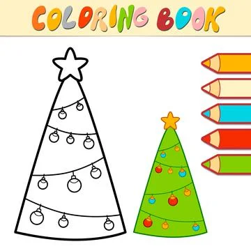 Coloring book or Coloring page for kids. Christmas tree black and white vecto Stock Illustration
