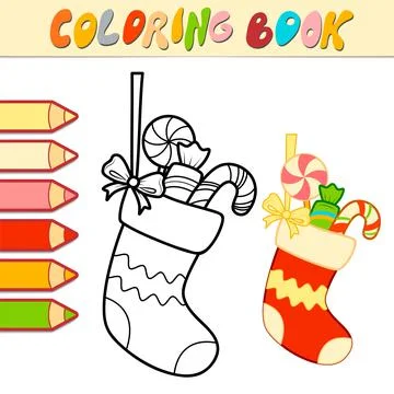 Coloring book or Coloring page for kids. Christmas Sock black and white vecto Stock Illustration