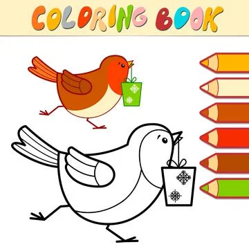 Coloring book or Coloring page for kids. Christmas Bird black and white vecto Stock Illustration