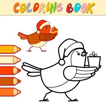 Coloring book or Coloring page for kids. Christmas Bird black and white vecto Stock Illustration