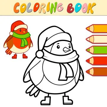 Coloring book or Coloring page for kids. Christmas Bird black and white vecto Stock Illustration