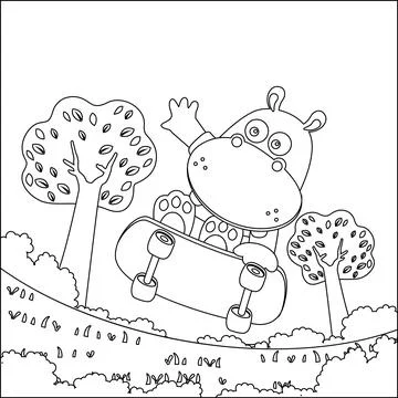 Coloring book or page with cute little hippo. Cartoon animal skate board. Stock Illustration