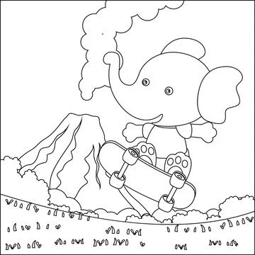 Coloring book or page with cute little elephant. Cartoon animal skate board Stock Illustration