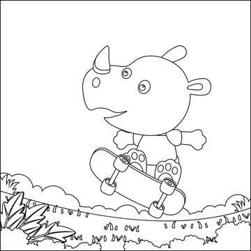 Coloring book or page with cute little rhino cartoon animal skate board. Stock Illustration