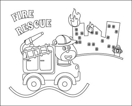Coloring book or page of fire rescue car, cartoon with funny driver, Stock Illustration