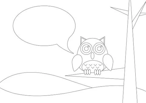 Coloring book -  Owl siting on a tree with speech bubble Stock Illustration