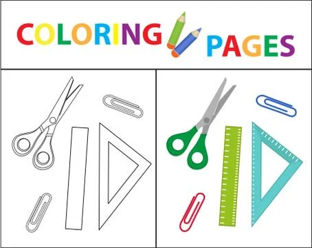 Coloring book page. Back to school set, scissors, ruler, paperclips. Sketch o Stock Illustration