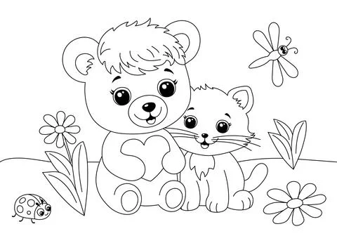Coloring book page with cute bear and cat in grass Stock Illustration