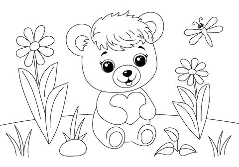 Coloring book page with cute bear sitting in grass Stock Illustration