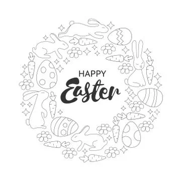 Coloring book page. Easter rabbits and eggs wreath. Hand drawn lettering. Adults Stock Illustration