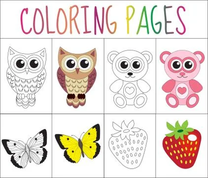 Coloring book page set. Animals collection. Sketch and color version.  for .. Stock Illustration
